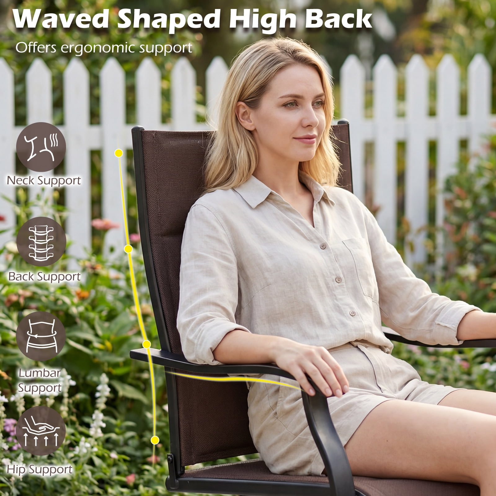 Gymax Padded Patio Swivel Chairs Set of 2 Ergonomic Outdoor Dining Chairs w/High Back Brown