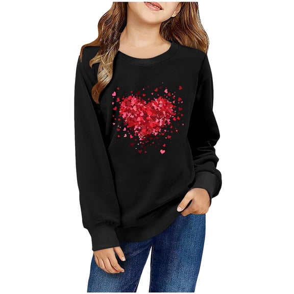 Spazoro Kids Girls Sweatshirts, Long Sleeve Crew Neck Valentine's Day Heart Print Casual Blouses Tops for Child Girls Black Size 2 T