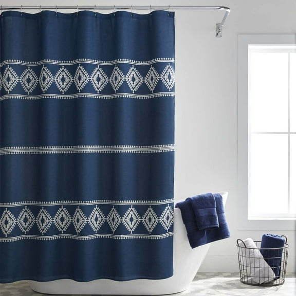 Better Homes & Gardens Embroidered Diamond Polyester Shower Curtain, 72" x 72", Navy