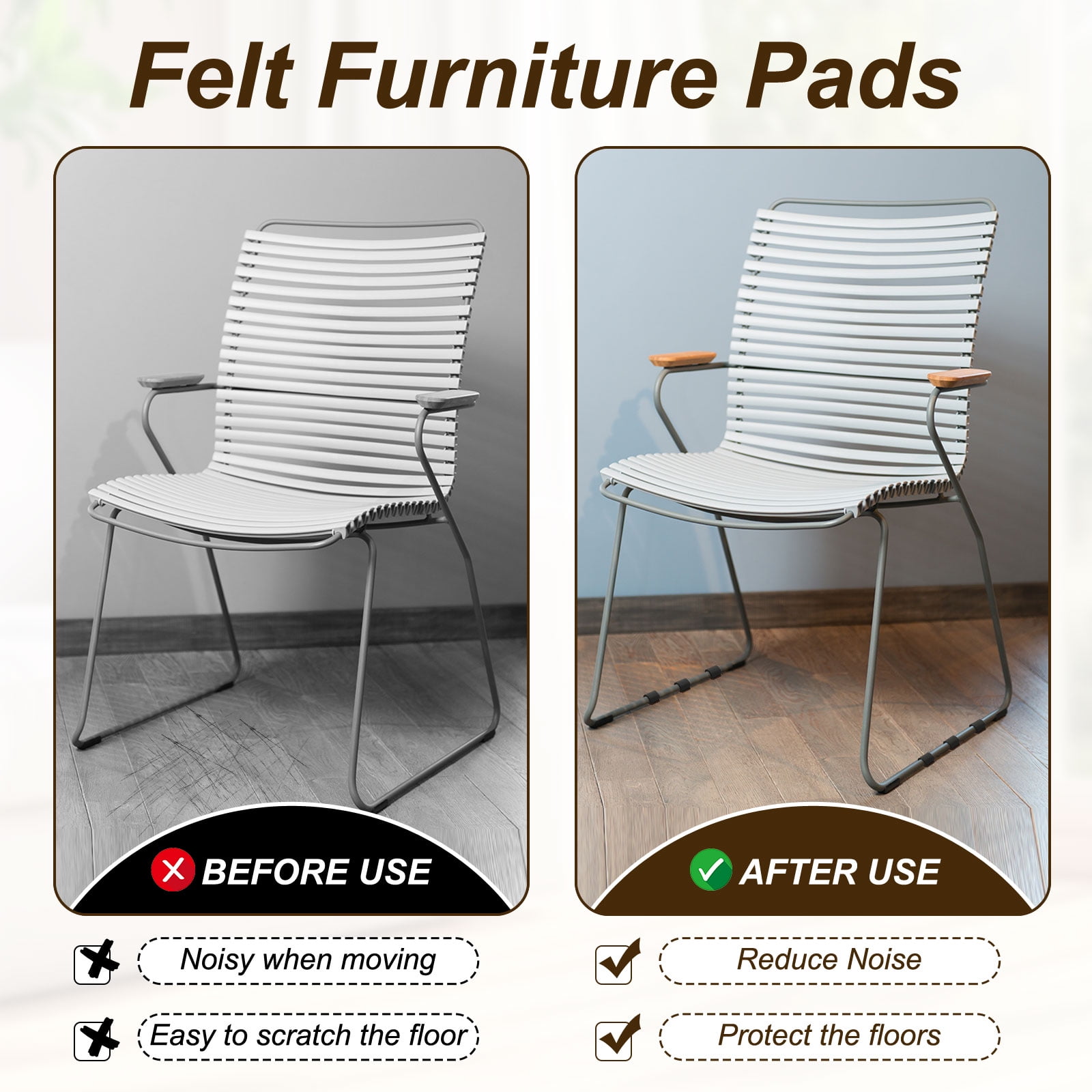 Uxcell 24Pcs Wrap-Around Felt Furniture Pads, 5.7 x 2" Chair Leg Floor Protectors with Grey Hook and Loop Fastener Bar Stool Glides Chair Bottom Protector for Hardwood Floors, Grey