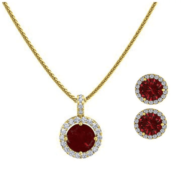 Paris Jewelry 18K Yellow Gold 3ct Halo Ruby Round 18 in Necklace & Earrings Set Plated