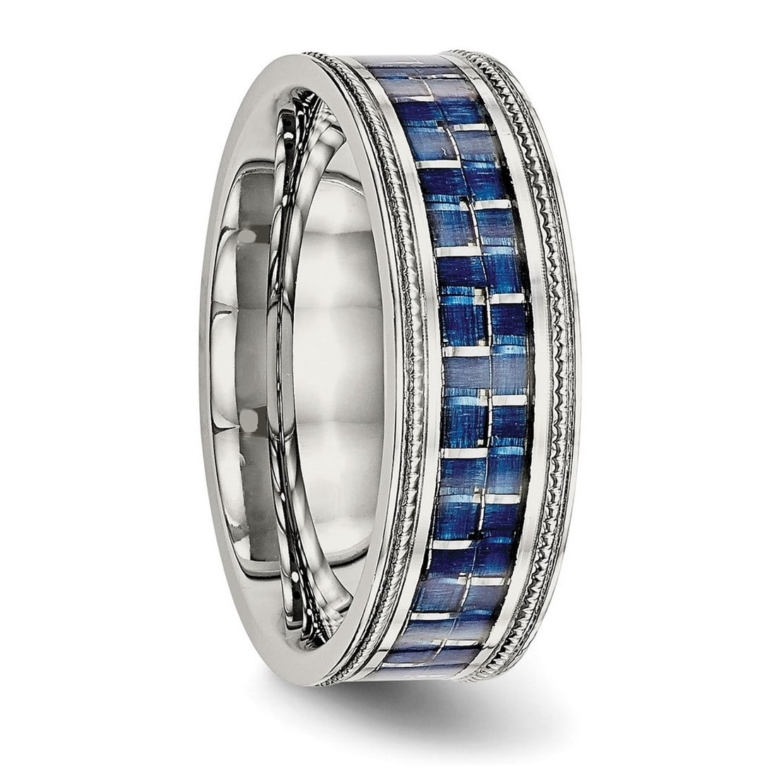8mm Stainless Steel Polished With Blue Carbon Fiber Textured Edge Ring Size 12 Ring for Women