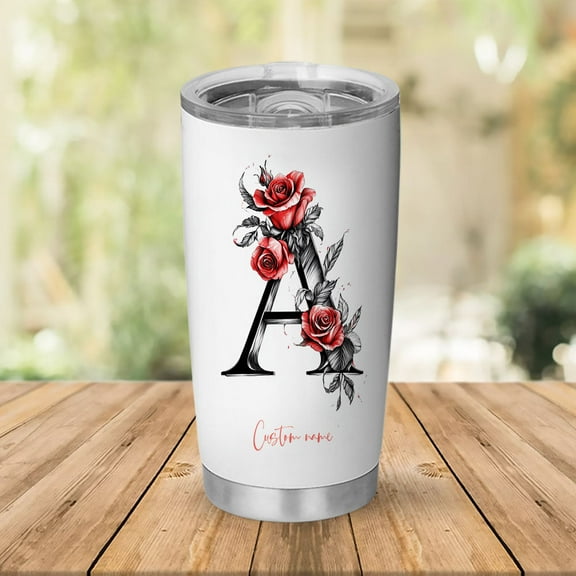 Personalized Initial 'A' Floral 20oz Tumbler with Lid, Insulated Stainless Steel Coffee Mug, Custom Flower Drinkware, Birthday Present for Women, Mom, Sister