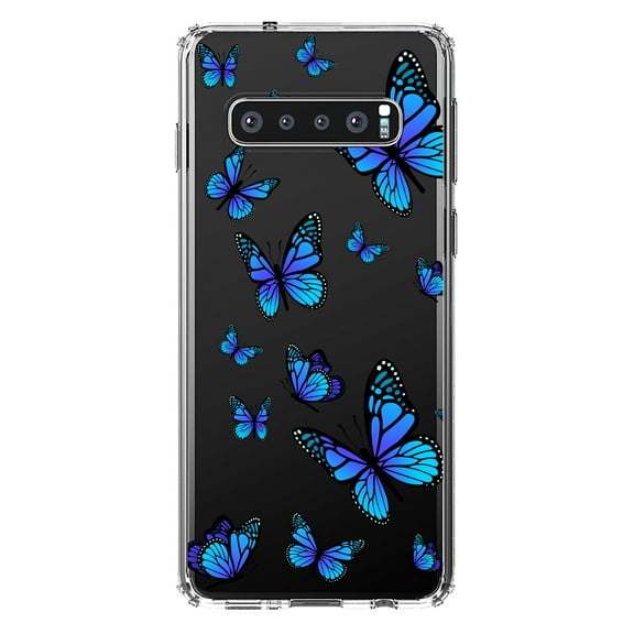 DistinctInk Clear Shockproof Hybrid Case for Samsung Galaxy S10  PLUS (6.4" Screen) - TPU Bumper Acrylic Back Tempered Glass Screen Protector - Blue Butterflies Butterfly