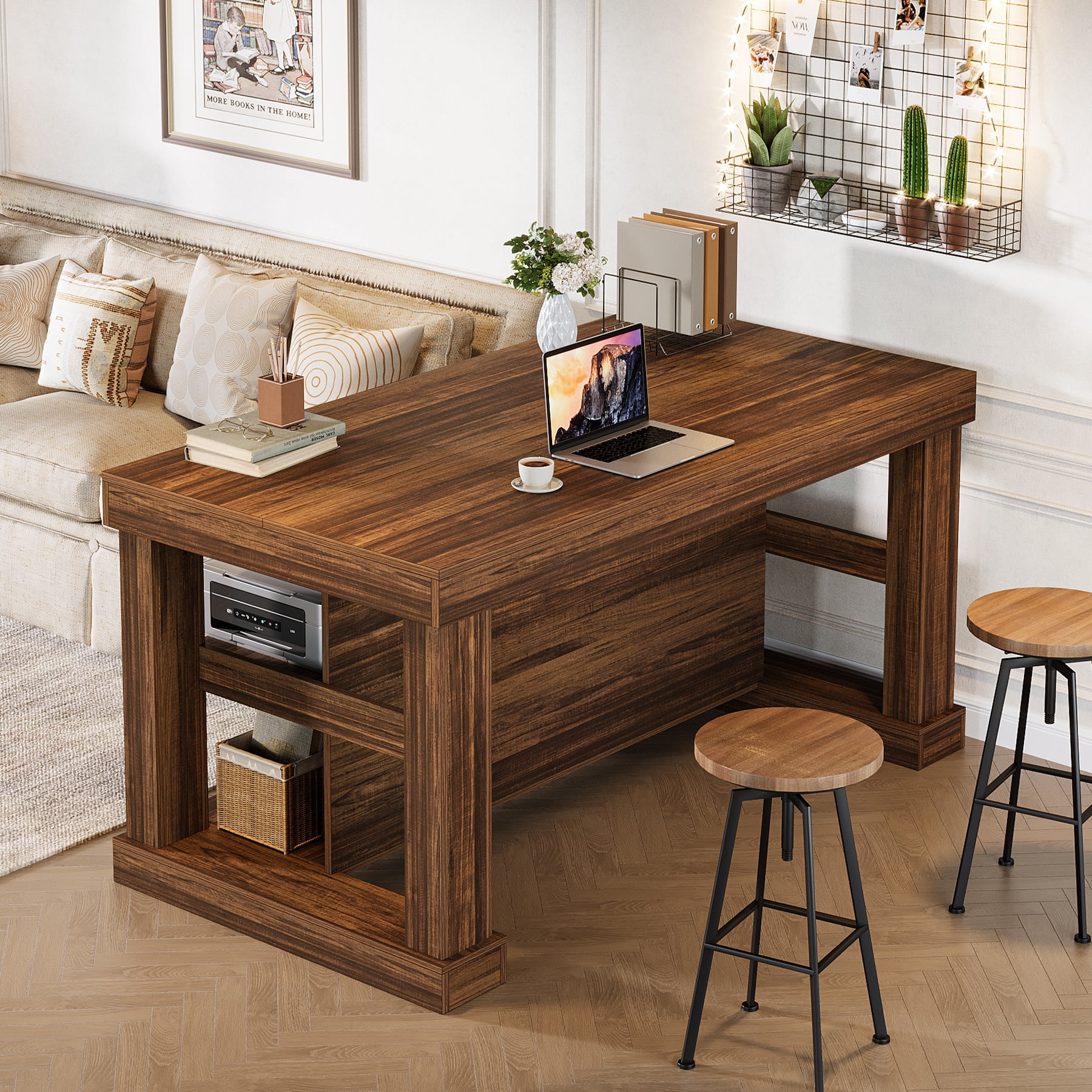55-Inch Home Bar Unit, 3-Tier Bar Table with Ample Storage, Rustic Brown