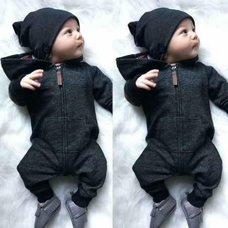 

Qtinghua Newborn Baby Boys Girls Hooded One Piece Romper Jumpsuit Long Sleeves Pajamas Autumn Winter Bodysuit with Zip Black 12-18 Months