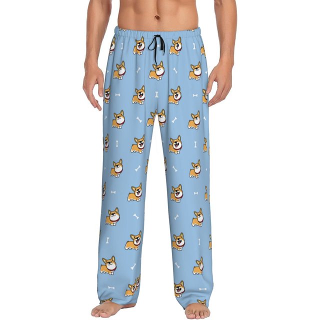 Fotbe Cute Cartoon Corgi Pantalones de Pijama para Hombre, Pantalones de Dormir, Pantalones de Casa con Cintura Ajustable y Bolsillos-X-Large
