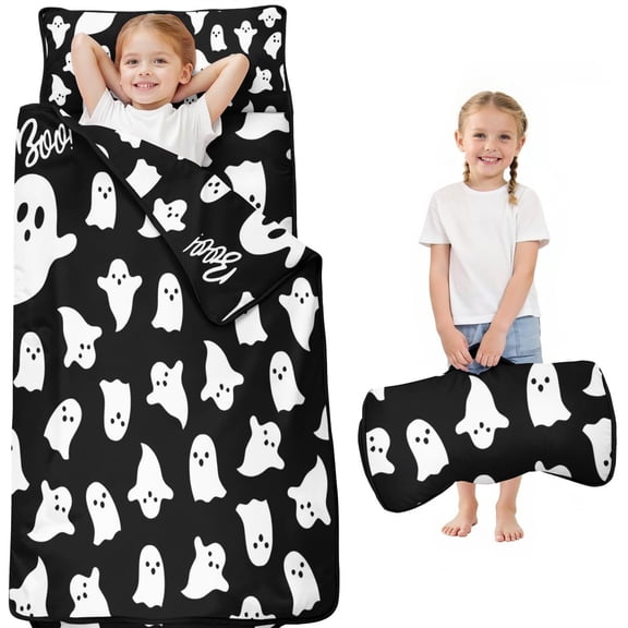 Black Halloween Ghosts with Boo Toddler Nap Mats for Kids Preschool,50"x20" Sleeping Mat Bag or Kids,Toddler Sleeping Bag,Toddler Nap Mat or Daycare