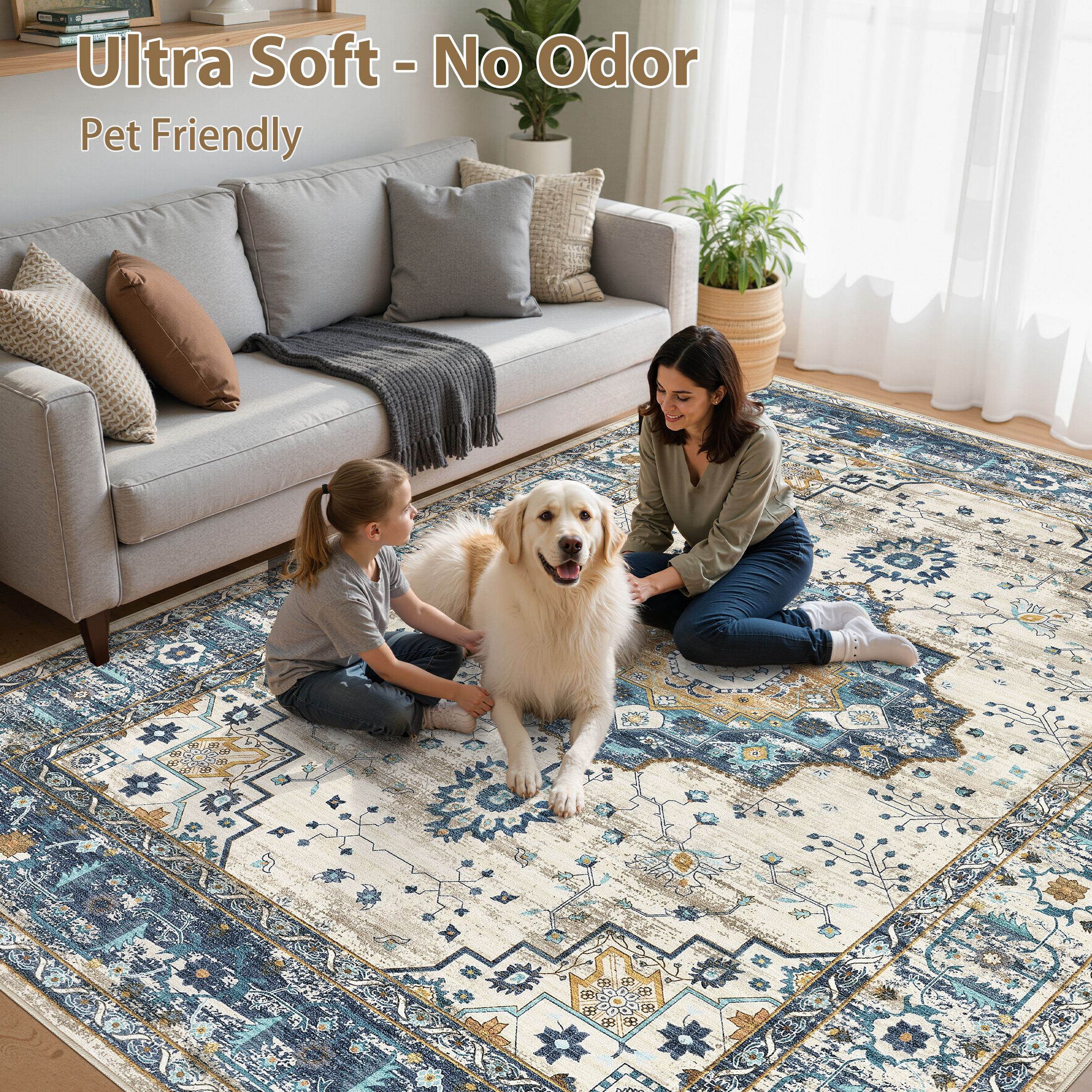 Uermei 10'x14' Large Area Rug: Soft Non-Slip Washable Indoor Carpet for Living Room Bedroom Dining Room Office - Blue Cream