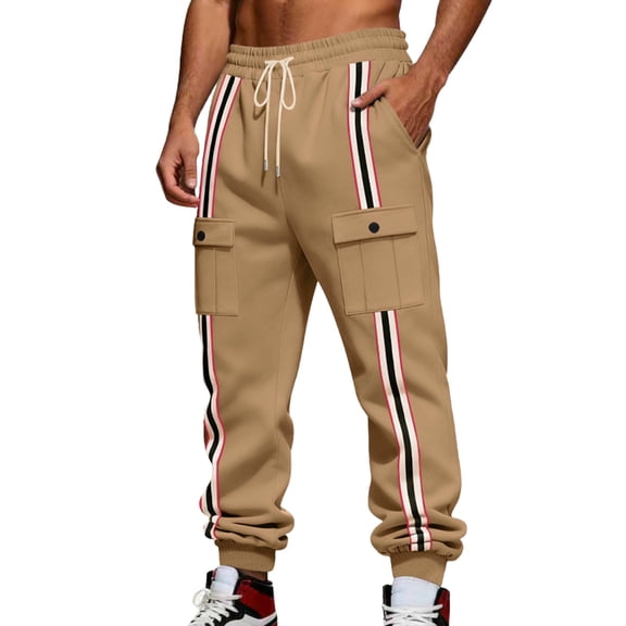 LMOIPLI Men's Striped Joggers Sweatpants Loose Elastic Waist Outdoor Athletic Casual Fashion Pants with Pockets Khaki XL