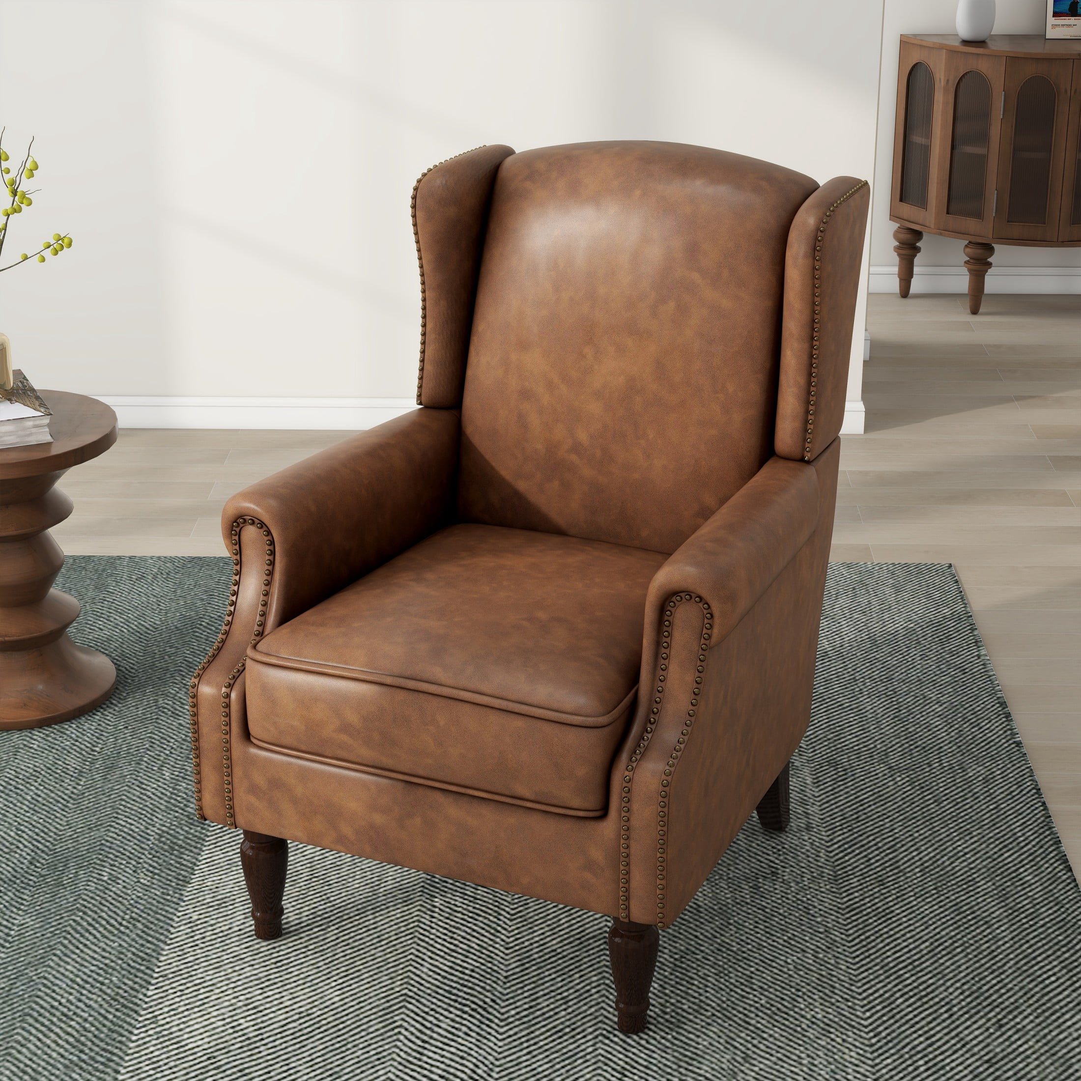 DREAMSIDEA Faux Leather Wingback Accent Chair with Nailhead Trim & Retro Wood Legs,High Back Wing Chair for Living Room-Brown