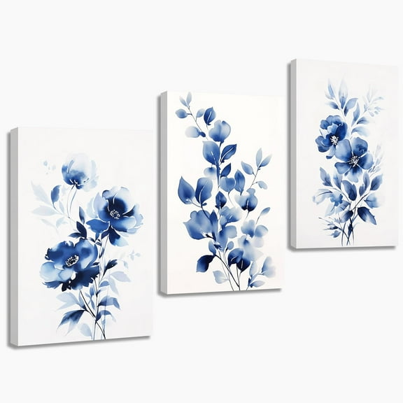 JANS.NO1 Navy Blue Flower Canvas Wall Art 3 Pieces Minimalist Blue Watercolor Floral Pictures Prints for Living Room Decor (Navy Blue Flower,12.00" x 16.00" Pcs)