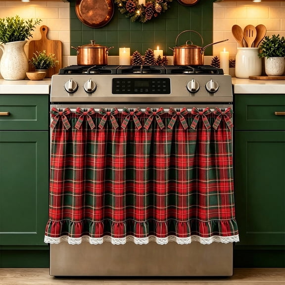 Velorith Christmas Oven Door Curtain with Bowknot and Ruffle Lace, Xmas Stove Front Decorative Cover, Polyester Holiday Kitchen Decor for Festive Home Display