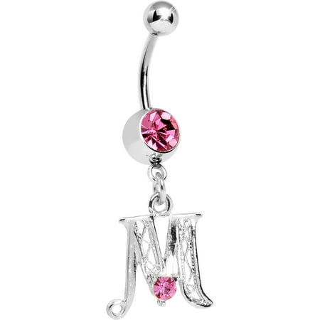 Gem Sparkle Belly Ring - Body Candy Stainless Steel Pink Sparkle Initial M Dangle Belly Ring