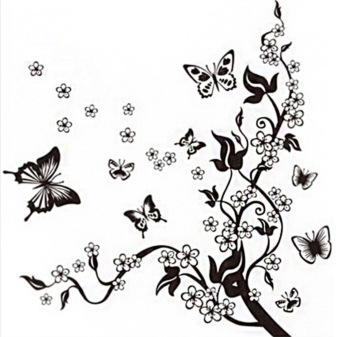 Uxcell TV Background Tree Vine Flying Butterfly Print Wall Sticker Room Decor Black