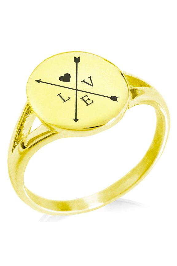 Stainless Steel Heart Love Arrow Compass Minimalist Oval Top Polished Statement Ring