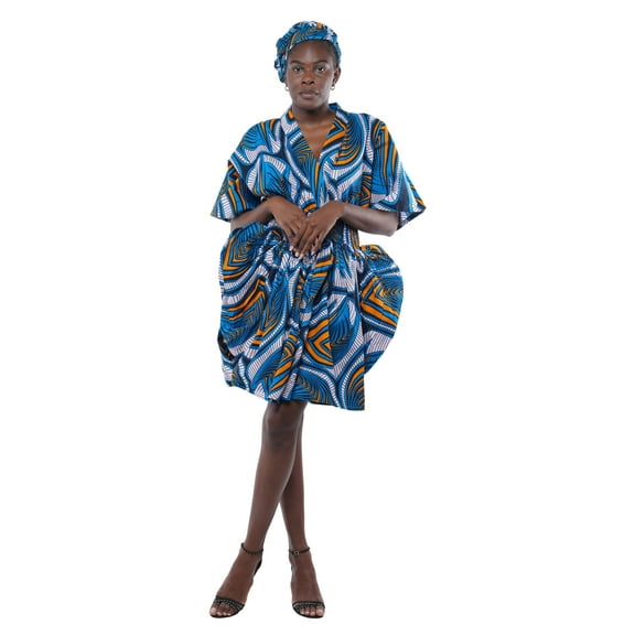 African Women's Ankara Short Balloon Dress| Cotton Clothing Short Balloon Dress with Matching Headwrap - One Size