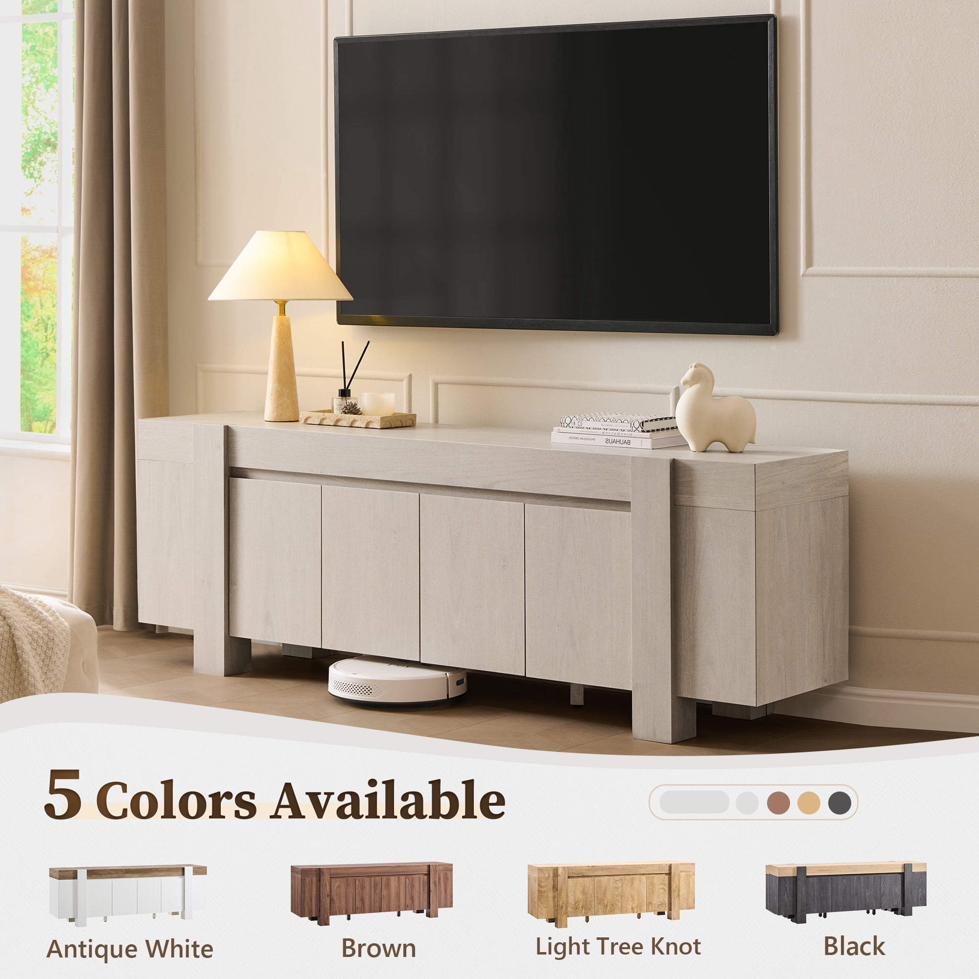 KeyWhat TV Stand for TVs Up to 80", Modern Farmhouse Entertainment Center with Storage Cabinet, Media Console Table for Living Room, White Alder