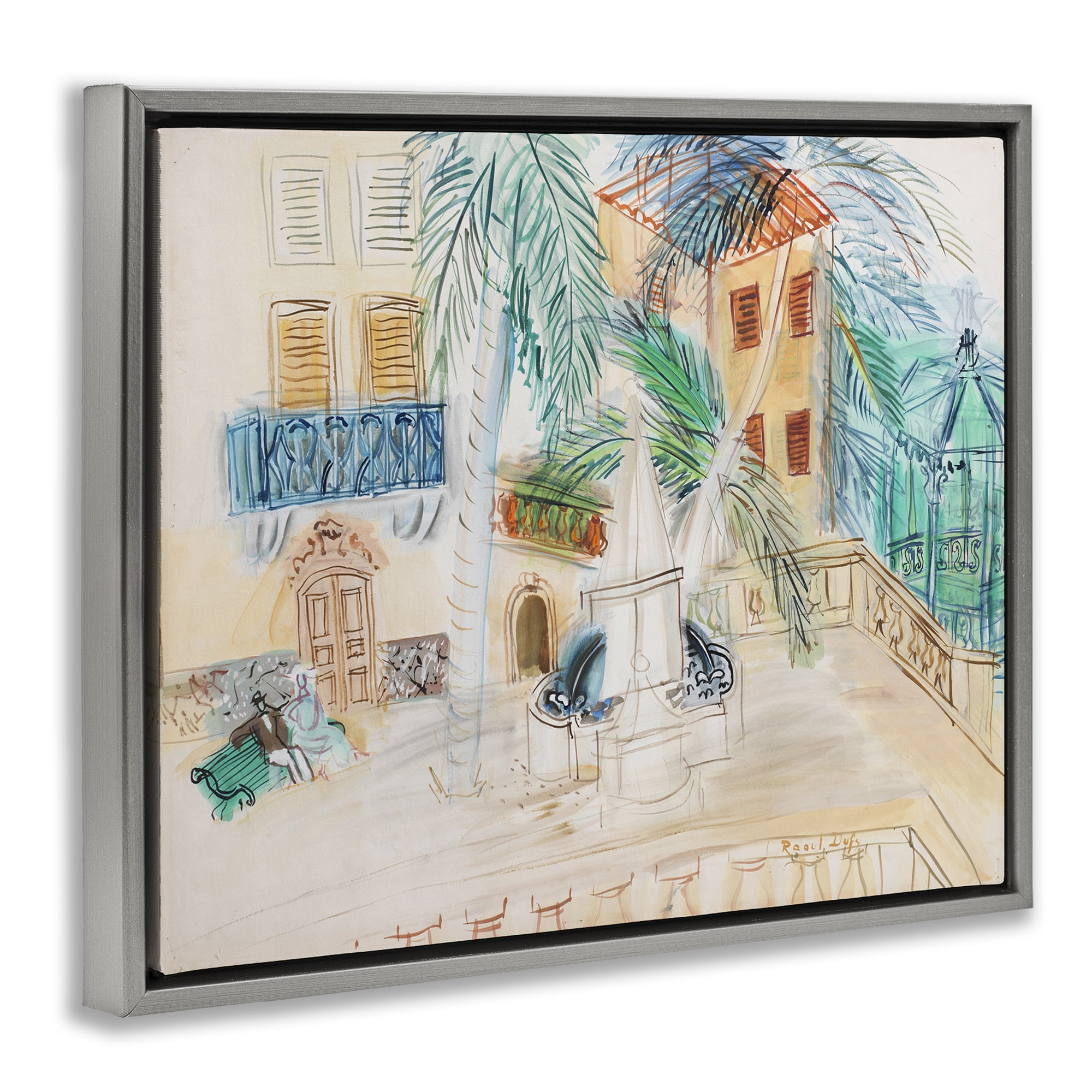 Stupell Industries Couple Sur Un Banc Dufy Classic Buildings & Architecture Painting Gray Floater Framed Canvas Art Print Wall Art, 21 x 17