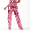 thumbnail image 1 of Pantalons pour Femmes Style Boîte de Nuit des Femmes Pantalons Décontractés Femmes Rue Haute Conception Gradient Taille Haute Pantalon Jambe Droite Élastique Pantalon en Vrac Rose S, 1 of 3