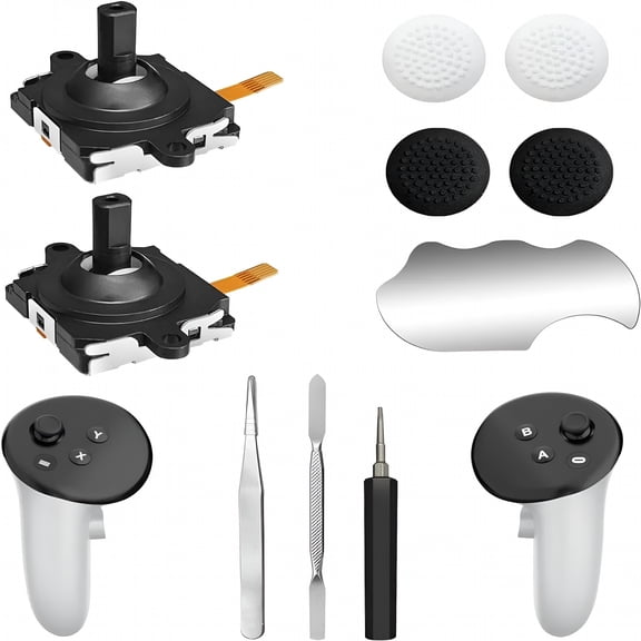 GJX Joystick Replacement Kit for Quest 3 / 2 Controllers 2× Analog Thumb Sticks 4× Thumbstick Caps with Tools Compatible for Left/Right Controller Repair