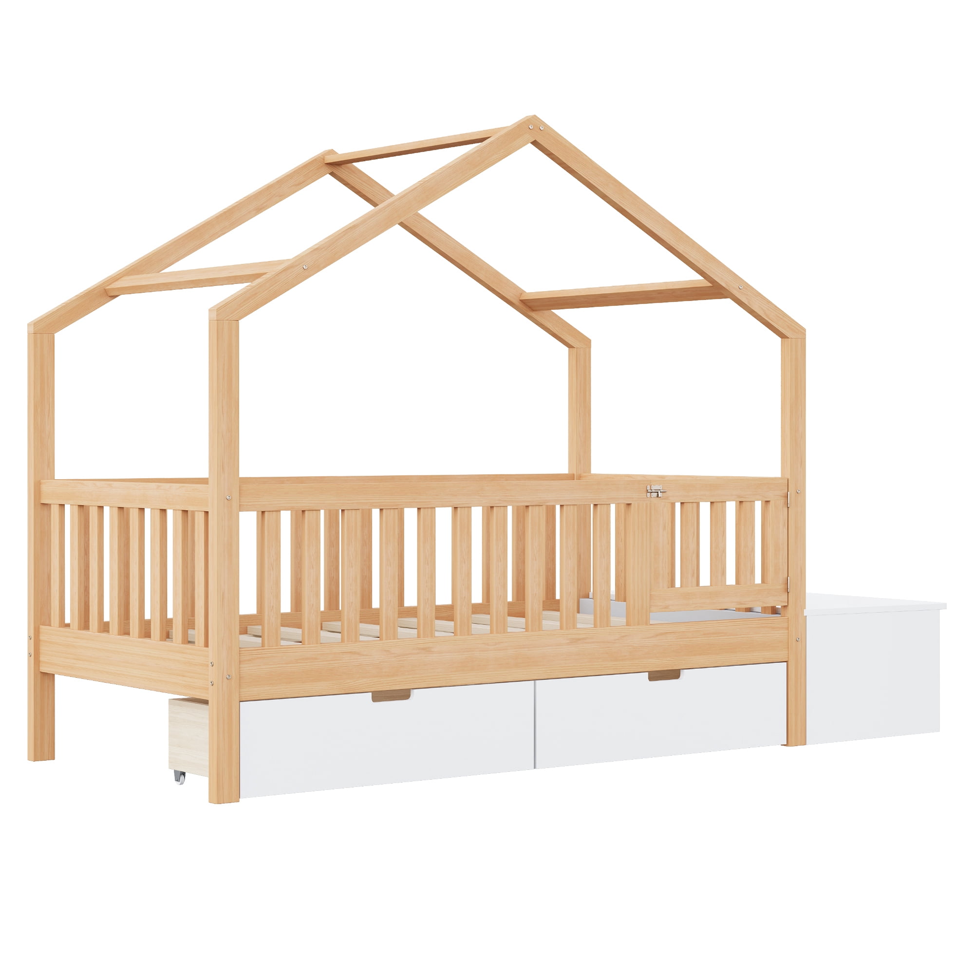 Euroco Wood Toddler House Bed with Drawers and Lift Up Chest, Natural Wood