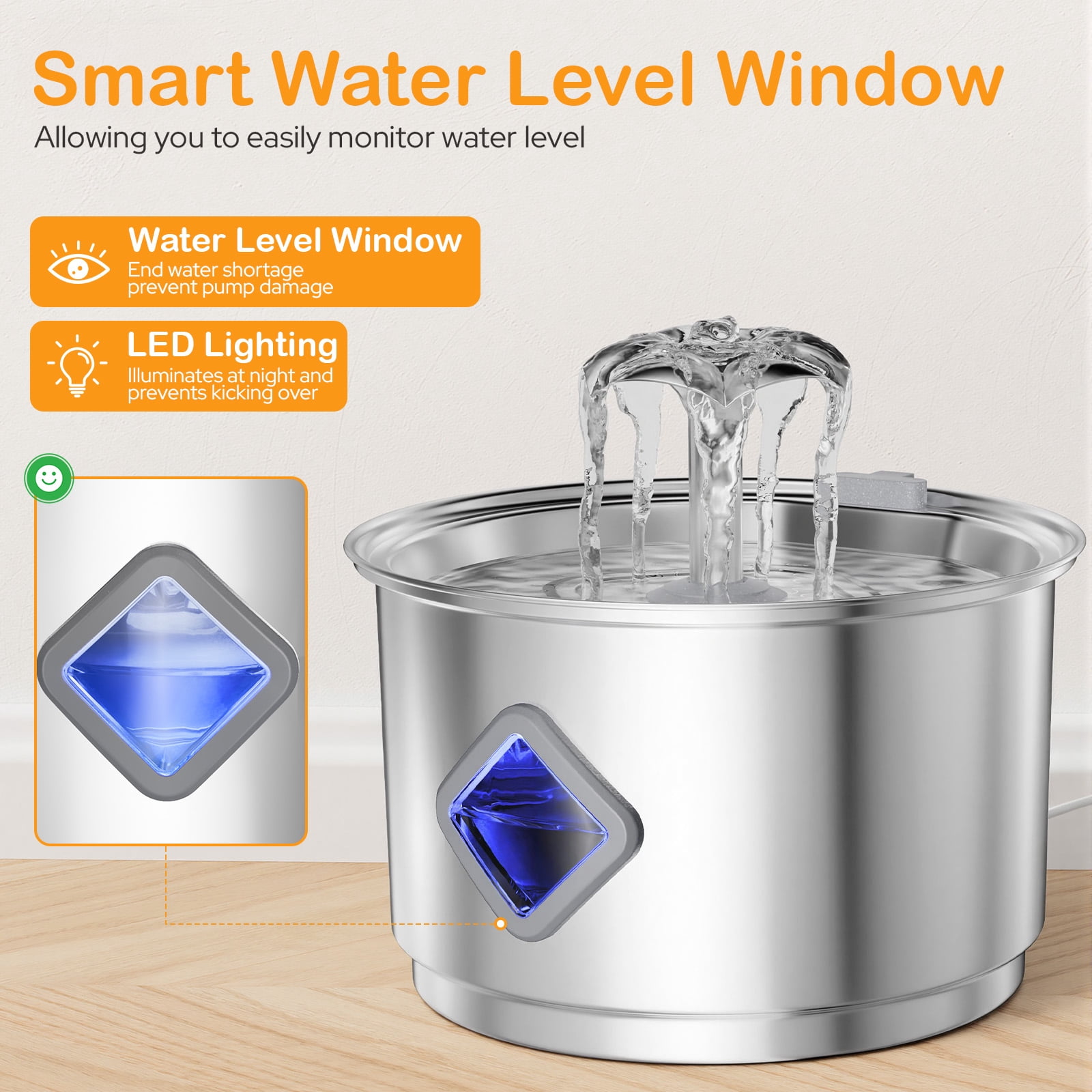 Euqvunn Cat Water Fountain Stainless Steel, 2.8 L Cat Fountain for Drinking, Pet Water Fountain for Cats Inside, Automatic Pet Fountain Quiet Cats Water Dispenser with Flower Kitty Spout