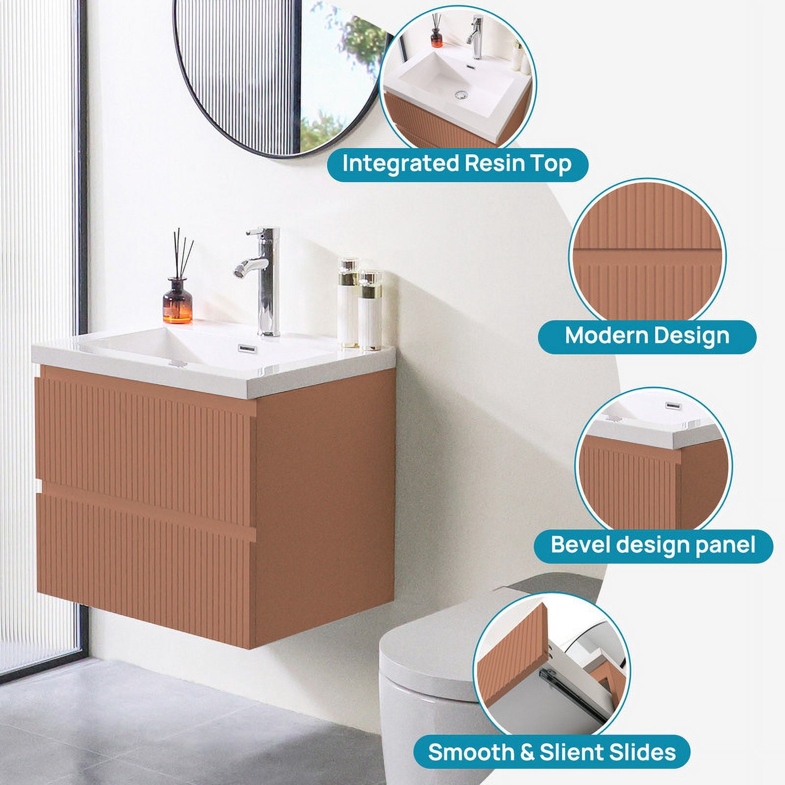 Wonline 23.8inch Bathroom Vanity Cabinet with Sink and Double Drawers(Mute Orange)