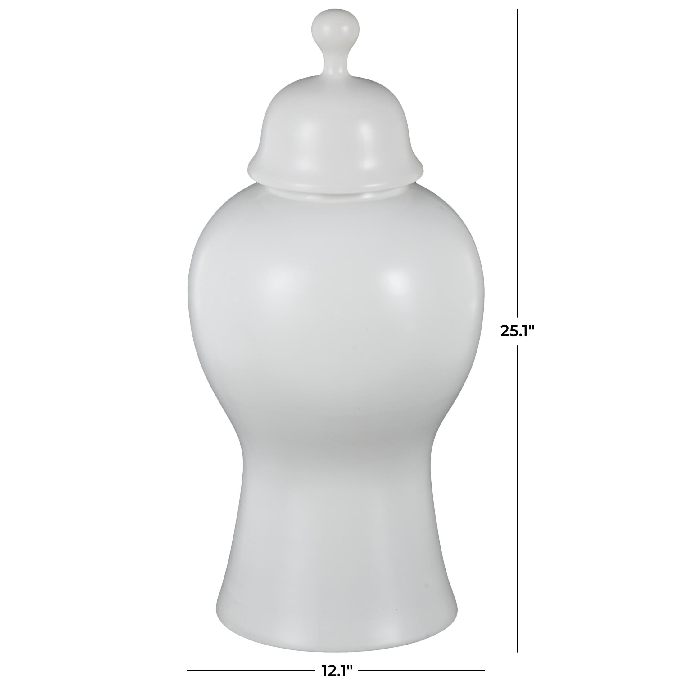 DecMode 12" x 25" White Ceramic Rounded Hourglass Decorative Jars with Lid and Ball Knob, 1-Piece