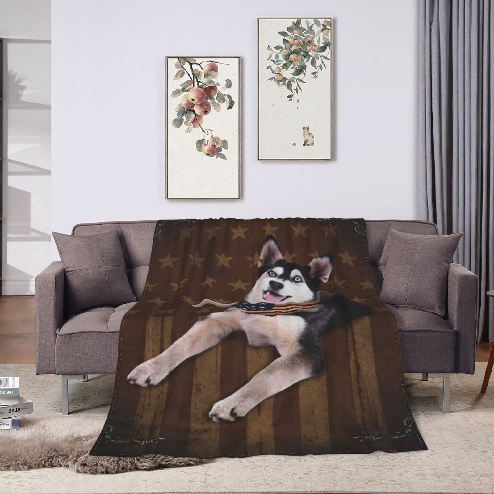 Wijzvio Siberian Husky Dog With Vintage American Flag Throw Blanket Soft Fuzzy Fleece Blanket For Couch Bed Living Room Decoration 60"X50"