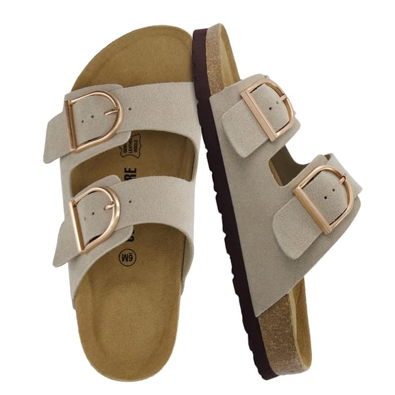 Cushionaire Legacy Cork Footbed Leather Sandals for Women – Genuine Leather Double Strap Slides with Adjustable Buckles Memory Foam