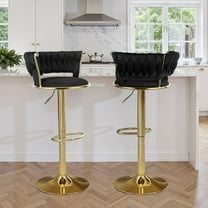 Hawsaiy Modern Velvet Bar Stools Set of 2, Adjustable Height Woven Back Bar Chairs with Footrest and Swivel for Kitchen Island & Dining Room, Black