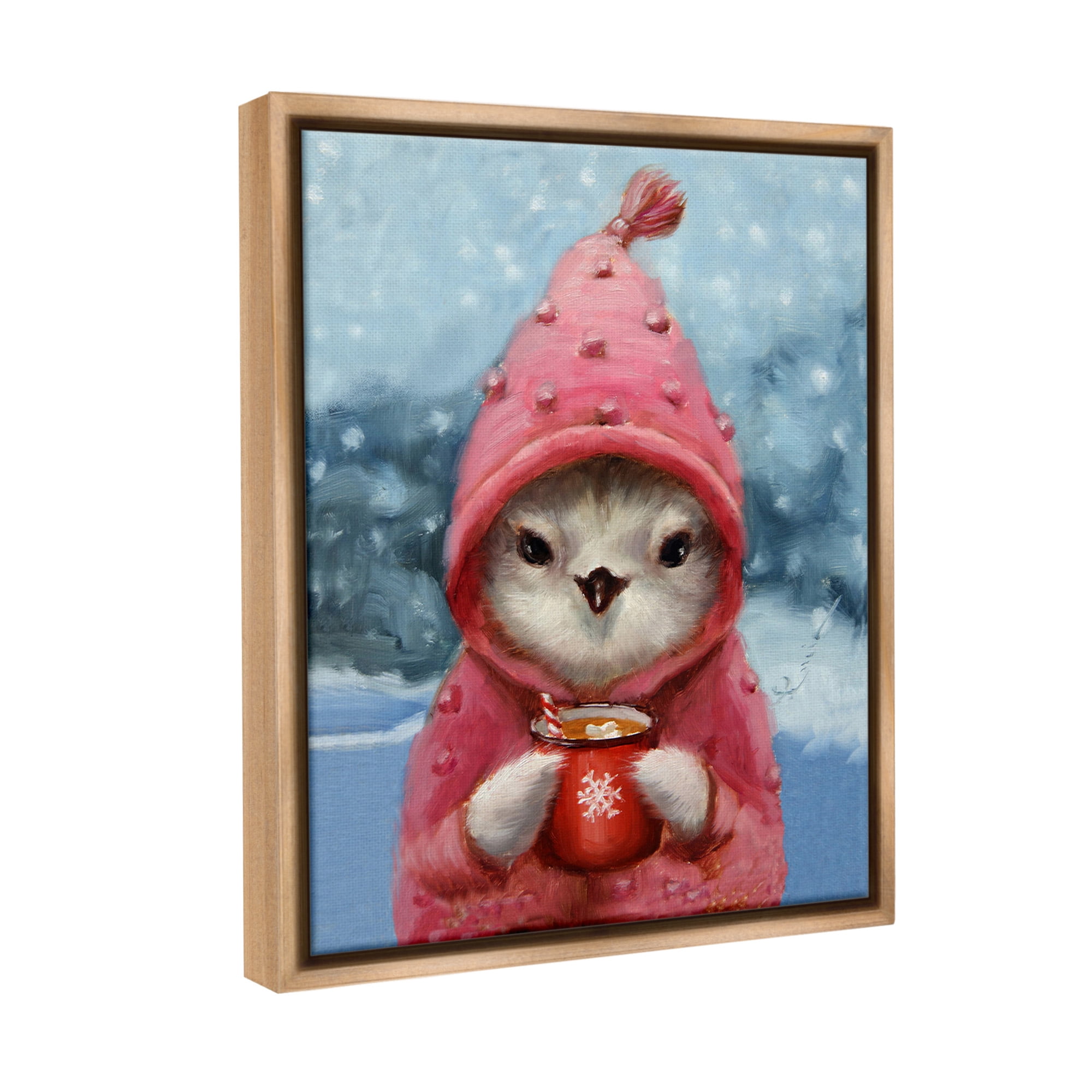Stupell Industries Bird with Winter Cocoa Holiday Painting Brown Floater Framed Canvas Art Print Wall Art, 25 x 31