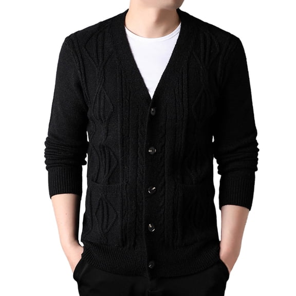 JTieacloth Knitted Pullover Sweaters Men Thick Knit Cardigan Shape Loose Casual V Neck Sweater Coat(Black)