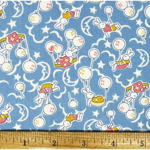 1 Fat Quarter - Storybook Sleepy Bunny on Light Blue Cotton Fabric - 21" X 18"