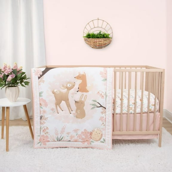 The Peanutshell Pink and White Fairytale Forest Crib Bedding Set for Baby Girls, 3 Piece Nursery Set