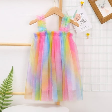 

Hawee Toddlers Girls Summer Rainbow Cotton Mesh Strap Dress CF675-SCH