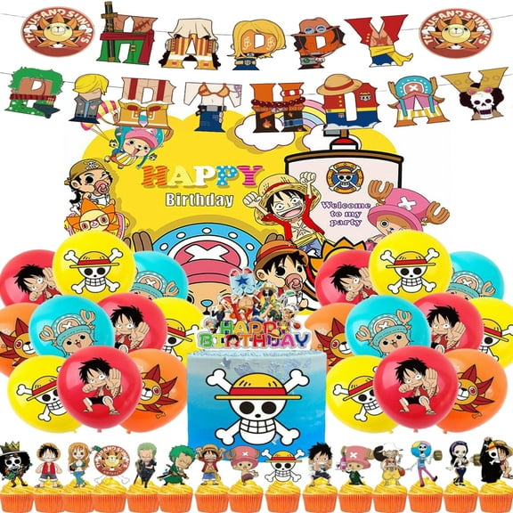 One Piece themed party decorations, holiday party decorations, balloons, decorative backgrounds, birthday banners, cake decorations