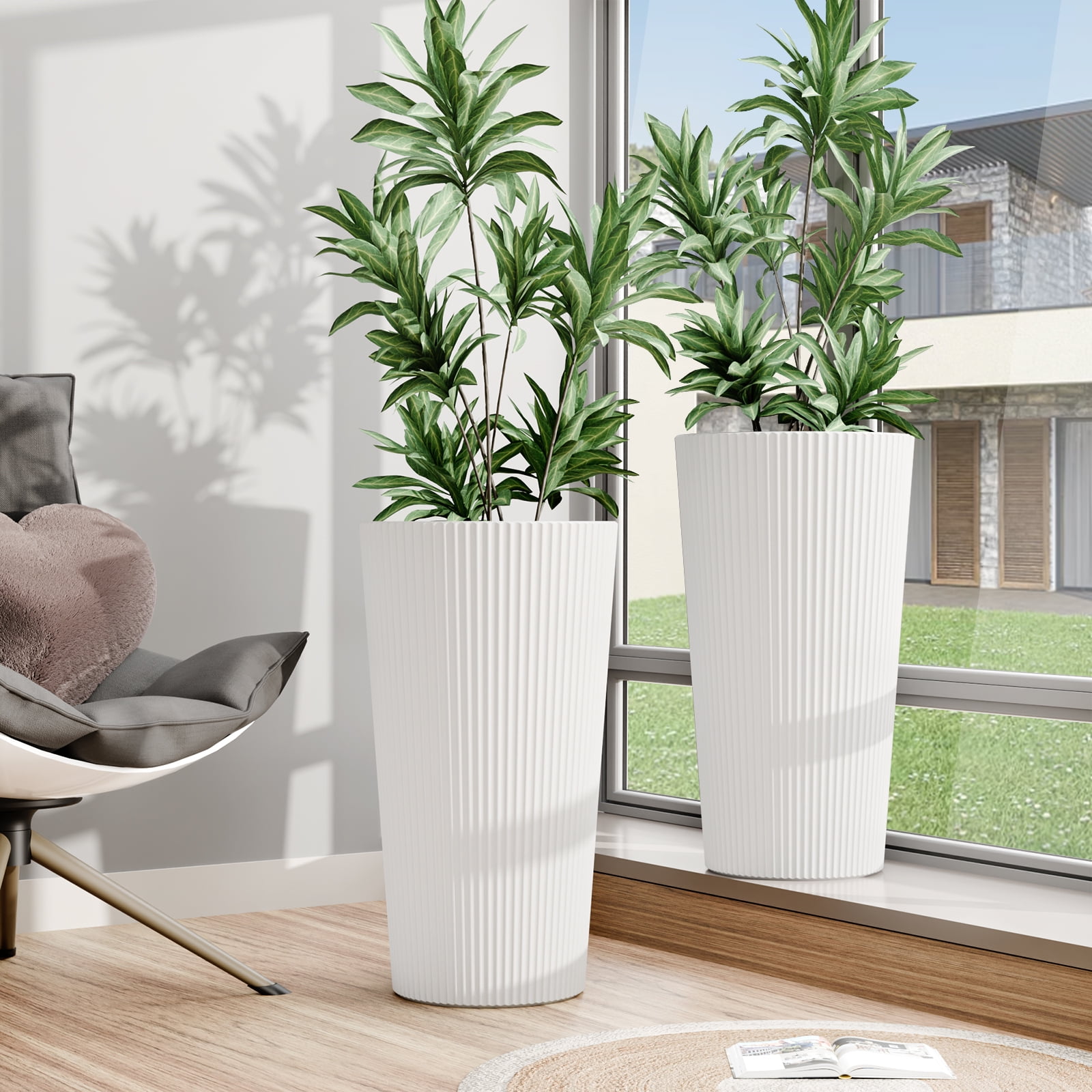 Chiccushion 23.6 inch Tall Planter Set of 2, Large Plastic Round Planter for Outdoor Indoor Garden Patio Front Door, White