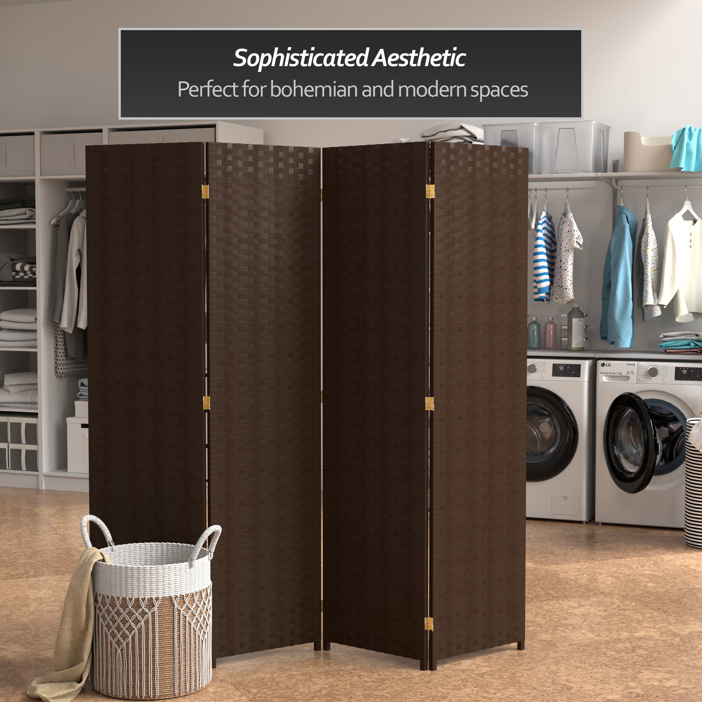 Red Lantern 6 ft. Tall Woven Fiber Folding Screen - Dark Mocha - 4 Panel