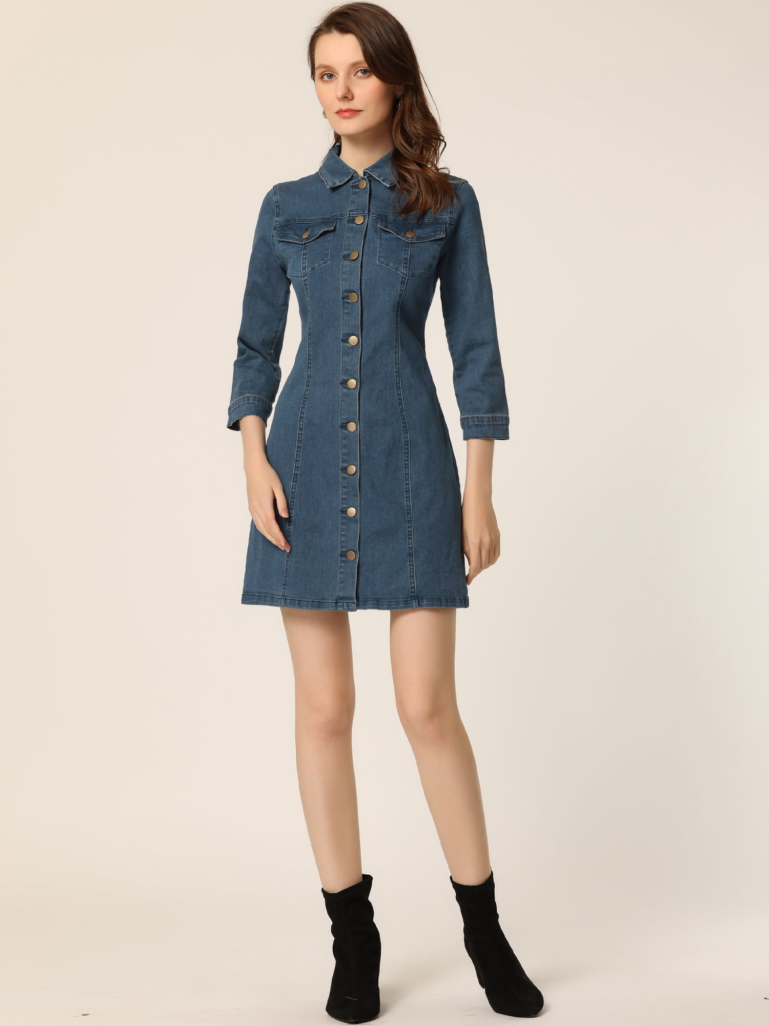 DARING DIVA 3/4 Sleeve Button Down Denim Shirt Dress XL Blue