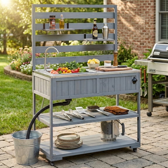 Mintazer Outdoor 41.7" Rolling Kitchen Island with Sink & Faucet, Garden Potting Bench with Stainless Table Top & 2 Movable Shelves and Bottle Opener, Gray