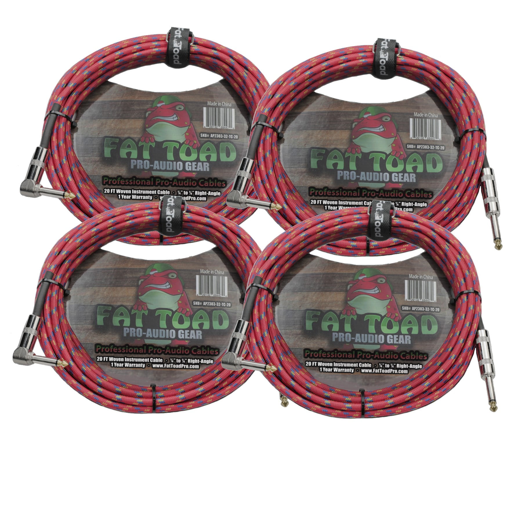 Fat Toad Guitar Cables (4 Pack) - Right Angle to Straight-End Instrument Cord Tweed Cloth Jacket - Braided Woven 20 FT 1/4 Inch Jack TS for Electric Guitar, Bass Shielded 20 AWG Patch Conductor