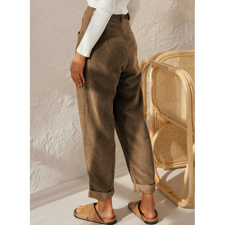EVALESS Women's Pants Fashion Corduroy High Waisted Trousers Solid Color  Straight Leg Pants with Pockets Casual Work Pants for Womens Brown US 6 