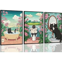 Japanese Funny Bathroom Black Cat Canvas Wall Art Cute Kitten On Toilet Posters Vintage Japanese Cat In A Bathtub Pictures Painting for Washroom Bathroom（Only canvas）