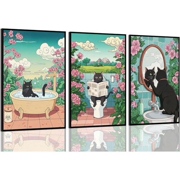 Japanese Funny Bathroom Black Cat Canvas Wall Art Cute Kitten On Toilet Posters Vintage Japanese Cat In A Bathtub Pictures Painting for Washroom Bathroom（Only canvas）