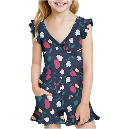 Kids Girls One Piece Swimsuit Athletic Built in Bra Ruffled Sleeve Trim V Neck Swim Romper and Shorts Cute Floral Print Bathing Suit