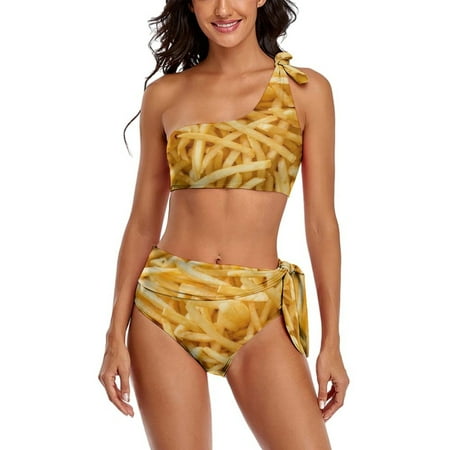 Club Food Holiccc One Shoulder Bowknot Swimsuit Two Piece Swimsuit Knot Crop Top Bikini High Waisted Bathing Suit