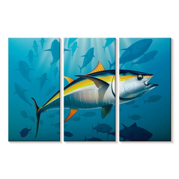 Elephant Stock Shoal Of Yellowfin Tuna Wall Art - Horizontal Multi Panel Canvas - Living Room Wall Decor - Animal Multi Panel - Yellow And Blue Decor - 23" x 14"