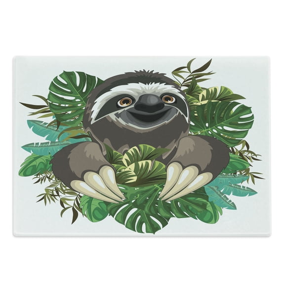 Sloth Cutting Board, Cartoon Mammal on Tropical Jungle Green Banana Leaves Character, Decorative Tempered Glass Cutting and Serving Board, Large Size, Chocolate Green Ivory, by Ambesonne
